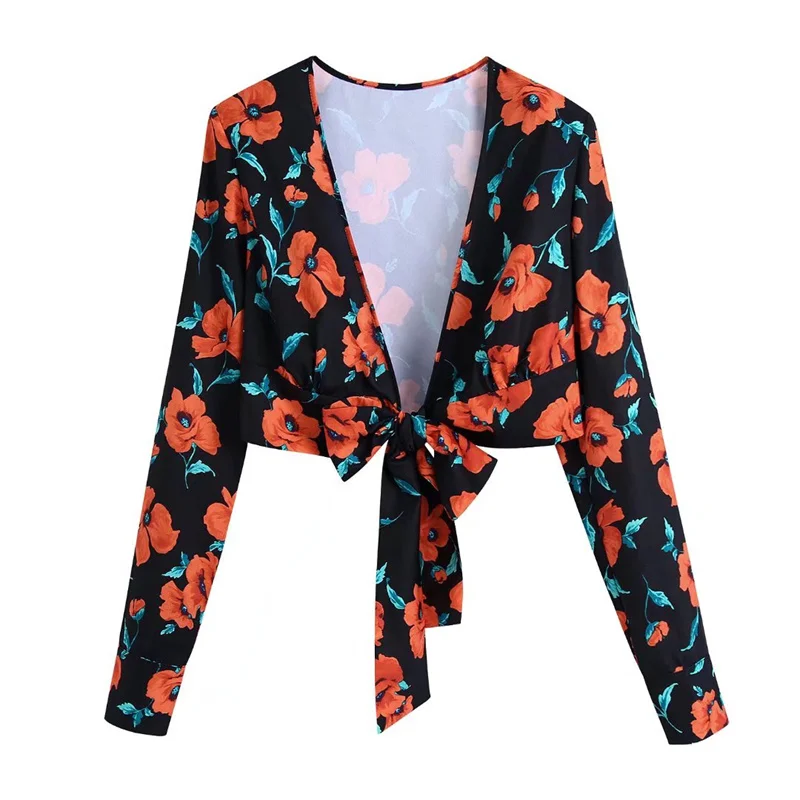 

Woman Vintage Floral V Neck Long Sleeve Short Blouse 2021 Fashion Autumn Female Print Cropped Tops Ladies Casual Slim Top
