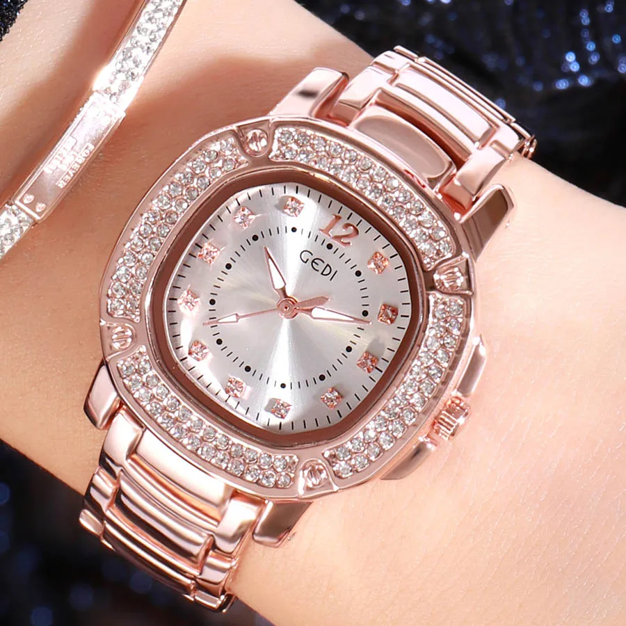 Rosegold White GEDI, женские часы с ремешком из сплава, женские наручные часы, повседневные кварцевые женские часы,, роскошные часы, водонепроницаемые, relogio feminino - Цвет: Rosegold White