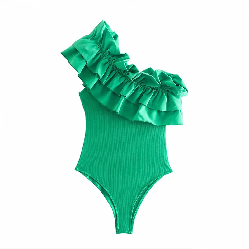 Icclek Women's Jumpsuit Green Bodysuit Women Single Shoulder Ruffle Female Jumpsuit Skinny Sexy&Club Bodys Summer Beach Bodies