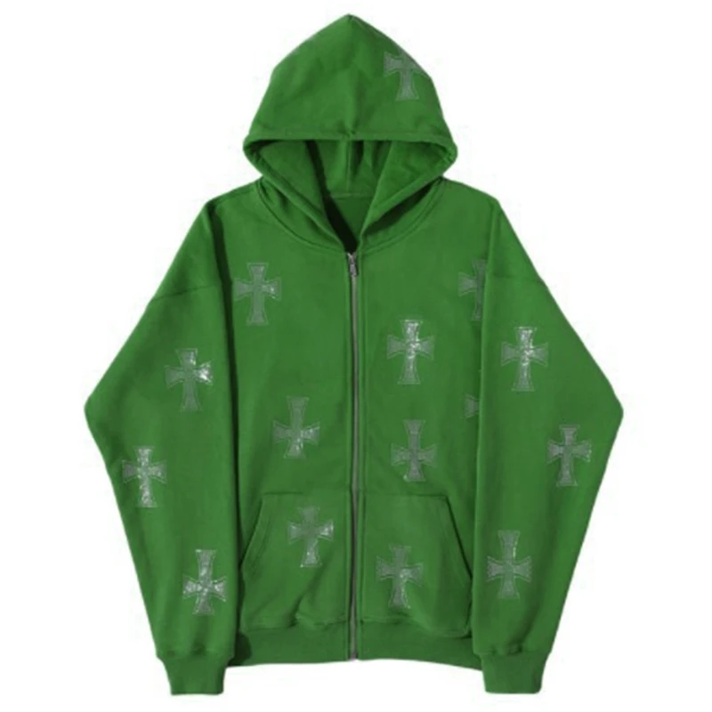 

U2JF Women Goth Punk Zip Up Hoodies Jacket Cross Rhinestone Baggy Pants Joggers Hip Hop Oversized Sweatshirt Coat Loose
