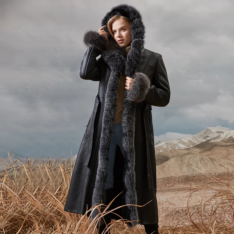 

Женское зимнее пальто из овечьей шерсти, длинное пальто из овечьей шкуры с капюшоном и воротником из лисьего меха