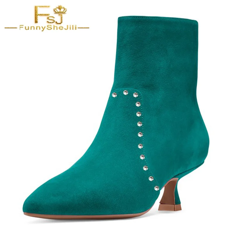

FSJ Teal Suede Kitten Heel Ankle Booties for Women Rhinestone Pointed Toe Boots Classics Dress Office Noble 2021 Autumn Winter
