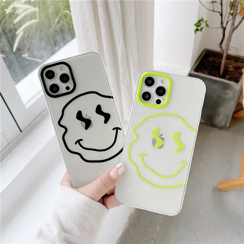 

Cartoon fun distorted smiling face Phone case For iphone 12 Mini 11 Pro Max XR XS MAX 7 8 Plus SE2020 ins transparent cute cover