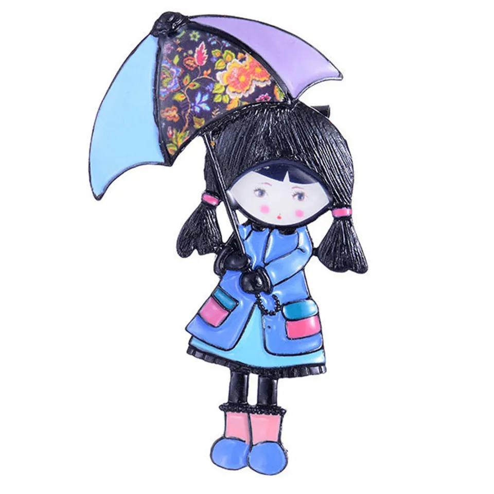 

Trendy Girl Wearing Umbrella Brooches Pins for Women Kids Fashion Enamel Zinc Alloy Doll Shape Brooch Coat Dress Pin Jewelry
