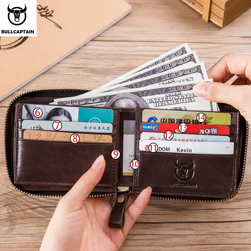 BULLCAPTAIN мужской кошелек из кожи RFID, брендовый кошелек, Ретро стиль, мужской короткий кошелек для монет, кошелек на молнии, держатель для карт, кошелек