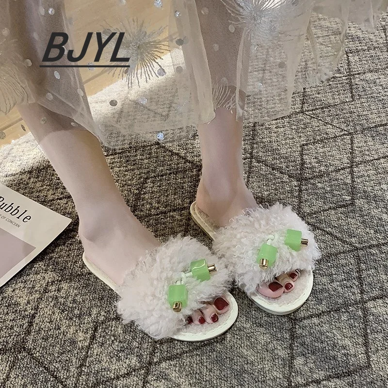 

Net Celebrity Slippers Indoor Fur Slippers Women 2021 Women's Shoes Home Students Soft Bottom Non-slip Flip-flops Tide