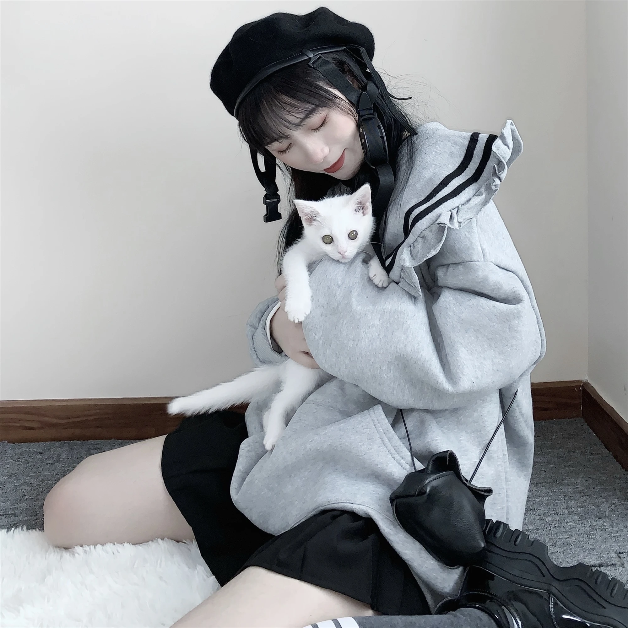 Женская толстовка в японском стиле Харадзюку С Длинным Рукавом и полосатым