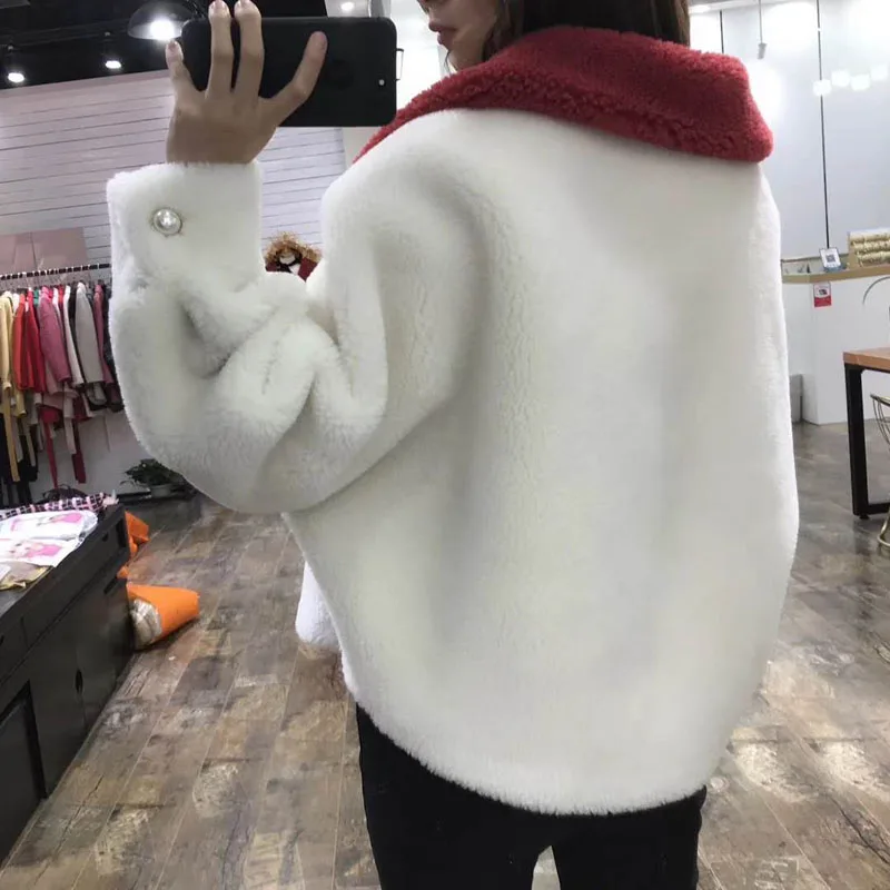 

Sheep Wool Coat Female Winter Short Jacket Pearl Buttons And Cloth Bag Overcoat Turn-Down Collar Clothing Plus Size Wool Blends