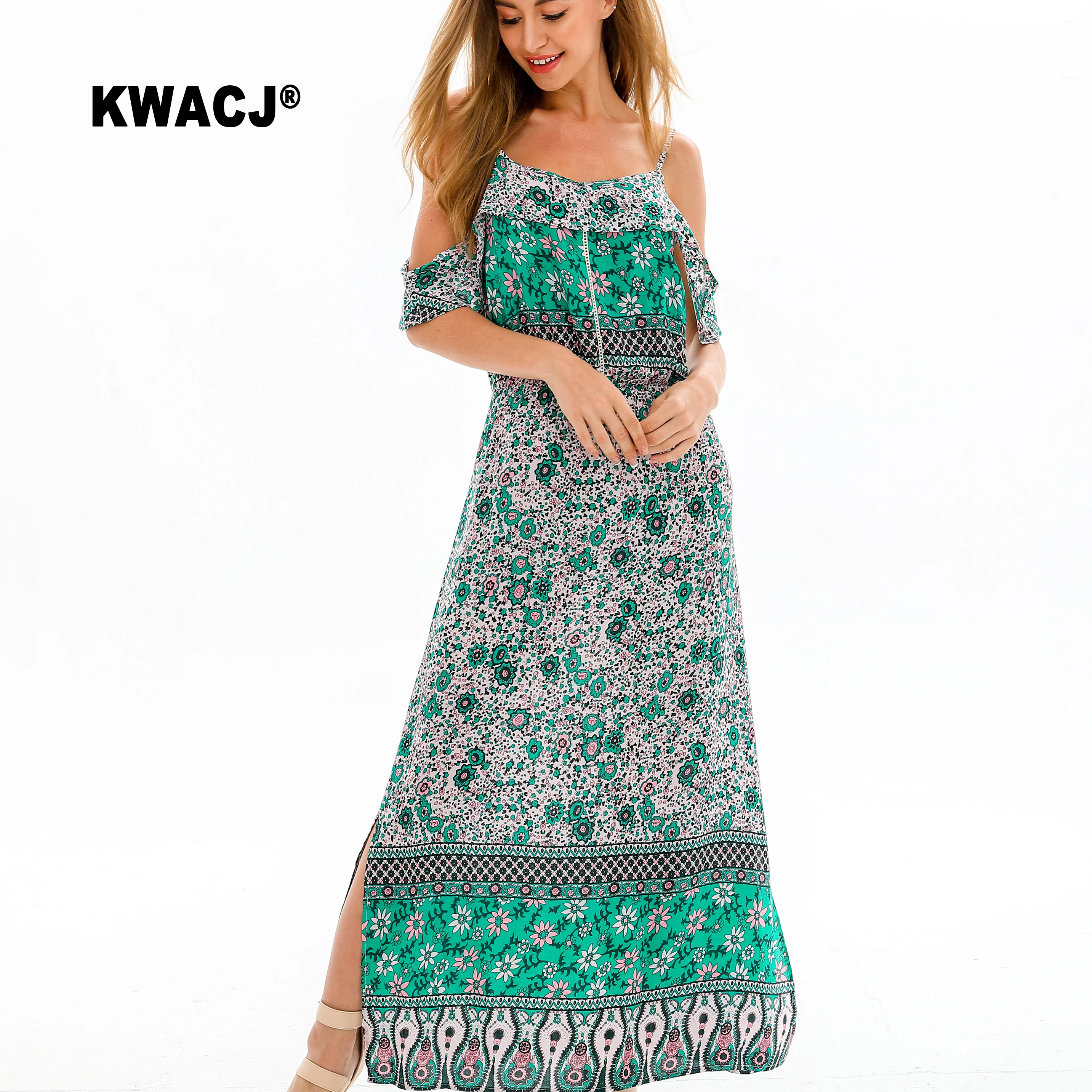 KWACJ зеленое Цветочное платье с открытыми плечами Boho ЖЕНСКИЕ НАРЯДНЫЕ ремни