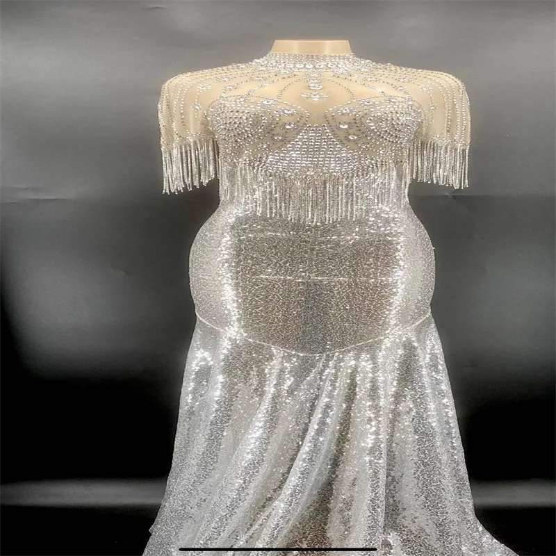 

Комбинезон Q280 с юбкой-годе, Сверкающее платье со шлейфом и цепочкой, блестящий Облегающий комбинезон для помещений, для выступления, праздн...