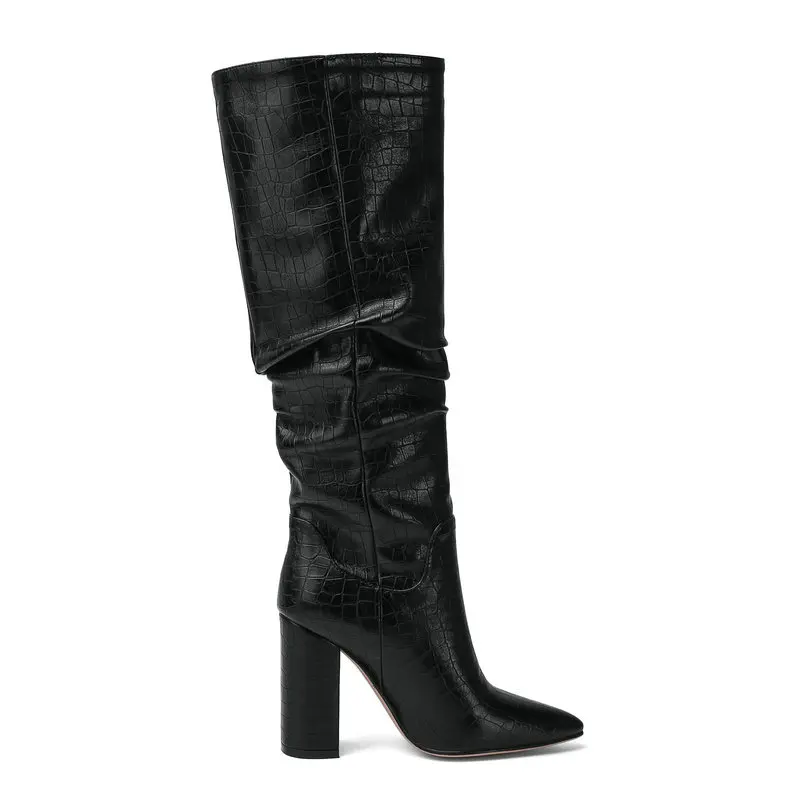 Женские Плиссированные высокие сапоги до колена с острым носком на высоком