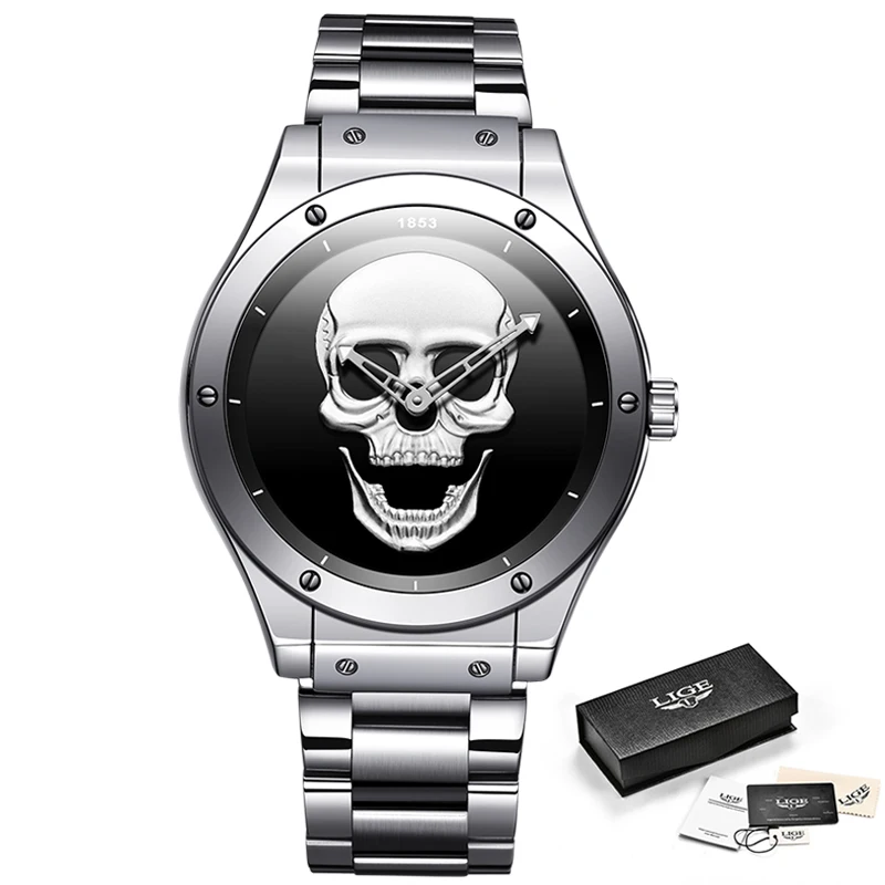 

LIGE Men 3D Skull Watch Top Brand Quartz Stainless Steel Watchs Men Fashion Business Waterproof Creative Clock Relogio Masculino