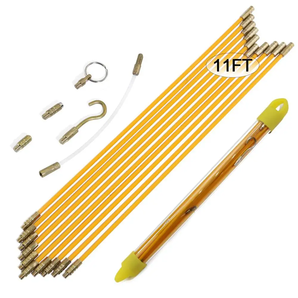 

11' (3.3m) Fiberglass Running Electrical Wire Cable Pulling Fish Tape kit with 5 different attachments in a Carrying Case