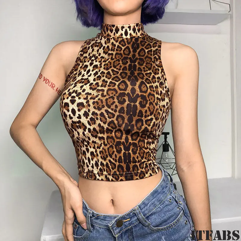 

2019 New Leopard Tank Sexy Women High Collar Leopard Camis Clubwear Turtleneck Crop Tops Casual Vest Sleeveless Leotard Shirts