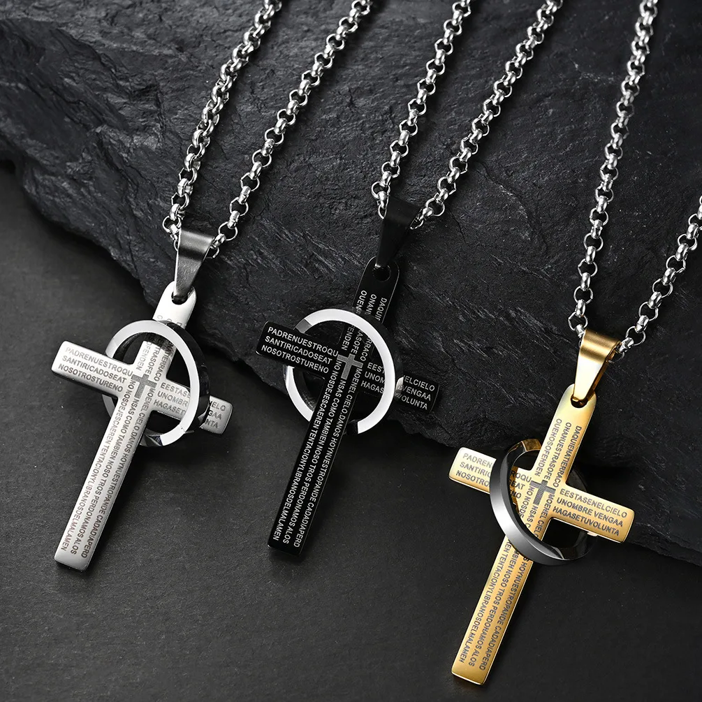 

European And American Hip Hop Trendsetters Personality Street Prayer Cross Titanium Steel Pendant Necklace Men Women