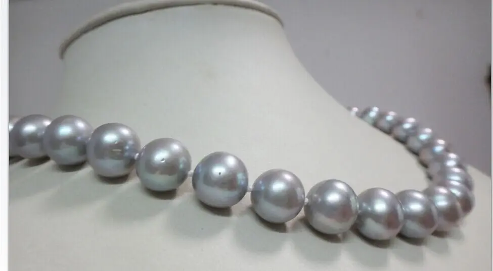 

Huge18"11-12mm natural freshwater genuine silver gray round pearl necklace AA 925silver