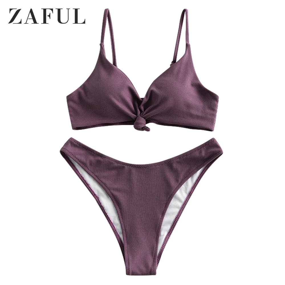 

ZAFUL Sexy Ribbed Knot High Leg Bikini Swimsuit For Women Spaghetti Straps Removable Padded High Cut Bikini Wire Free Swimwear