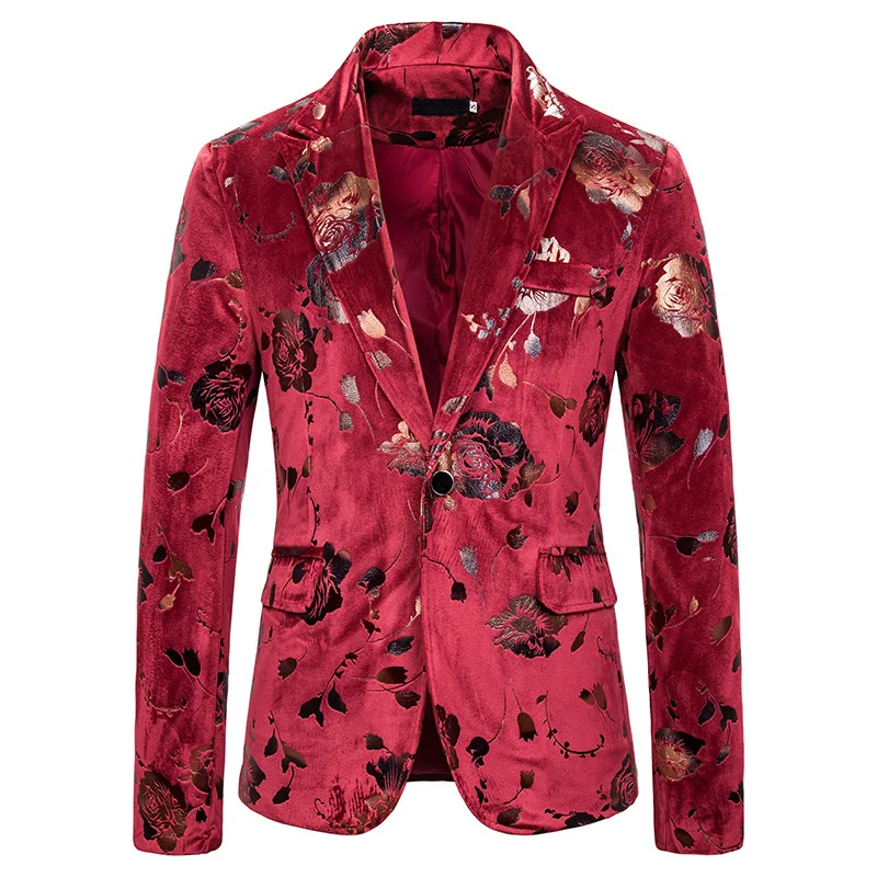 Suit Mens Jackets Autumn Slim Fit Long Sleeve Single Button Corduroy Blazer Banquet Red Black Printed Rose Luxury Dress Jacket