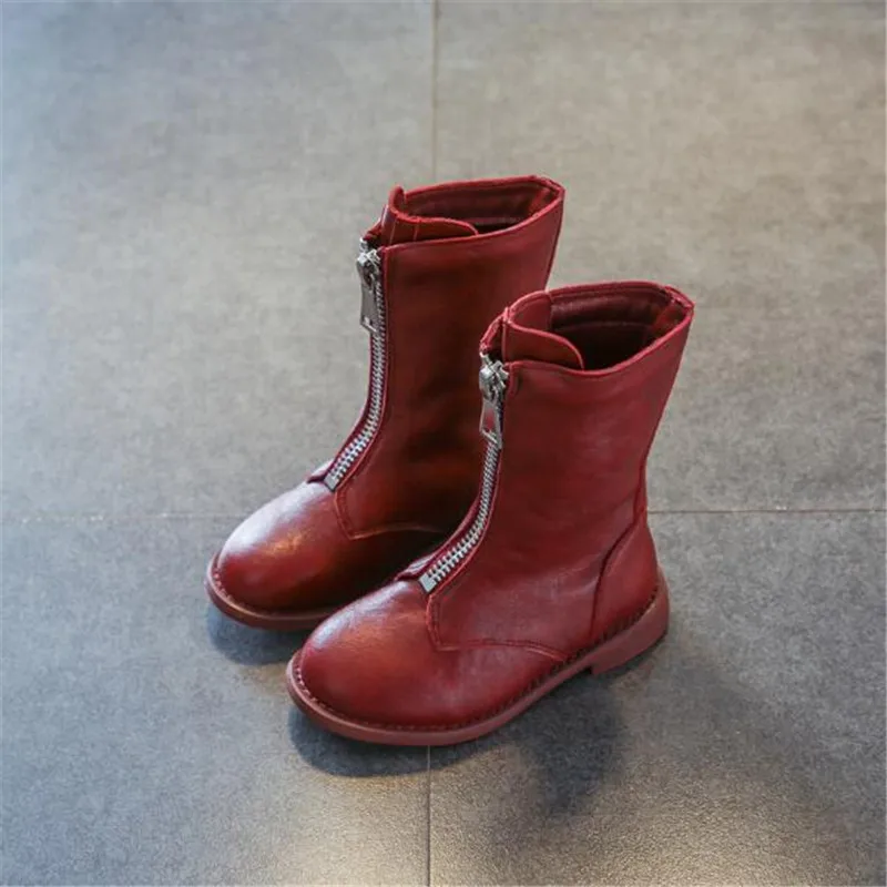

New Girls High Boots Princess Fashion Black Red Flat Breathable Children Shoes Kids Leather Boots Baby Toddler 02B