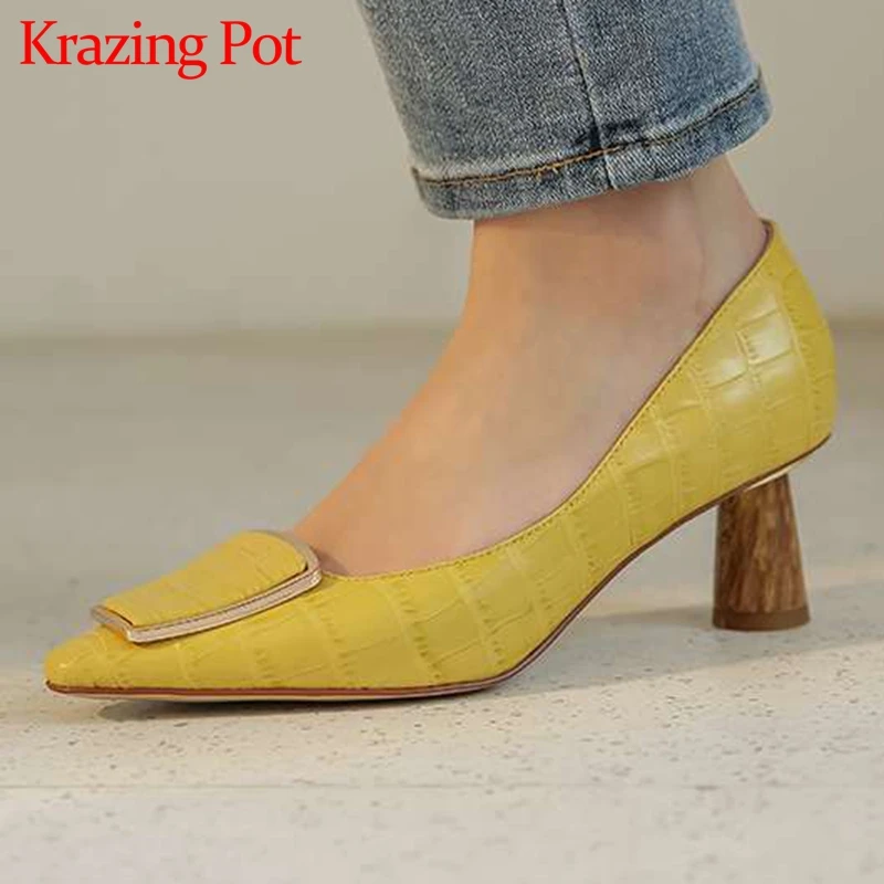 

Krazing Pot full grain leather small square toe strange high heels elegant lady daily wear shallow slip on cozy women pumps L02