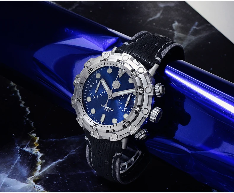 leather strap San Martin, ограниченная серия, автоматические часы 200 метров, водонепроницаемые швейцарские часы ETA7753 с титановым хронографом, наручные часы для дайвинга - Цвет: leather strap