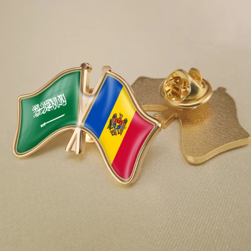 

Saudi Arabia and Moldova Crossed Double Friendship Flags Lapel Pins Brooch Badges