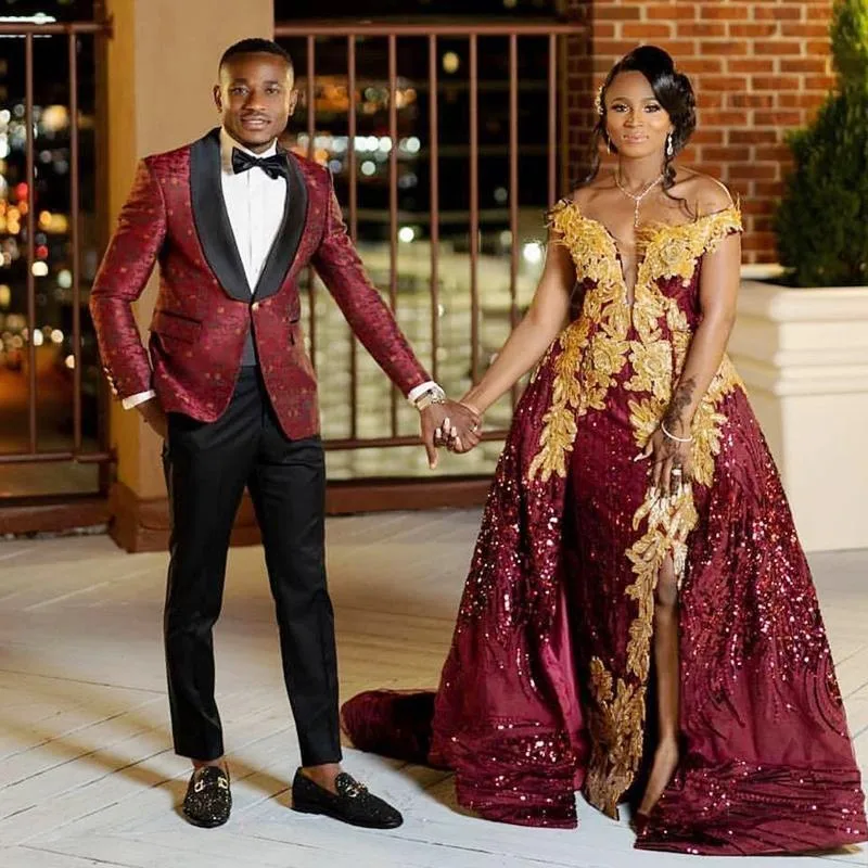 Split Side Prom Dresses Off Shoulder Gold Lace Appliques Major Beading Sequins Shiny Overskirt Evening Dress African Plus Size