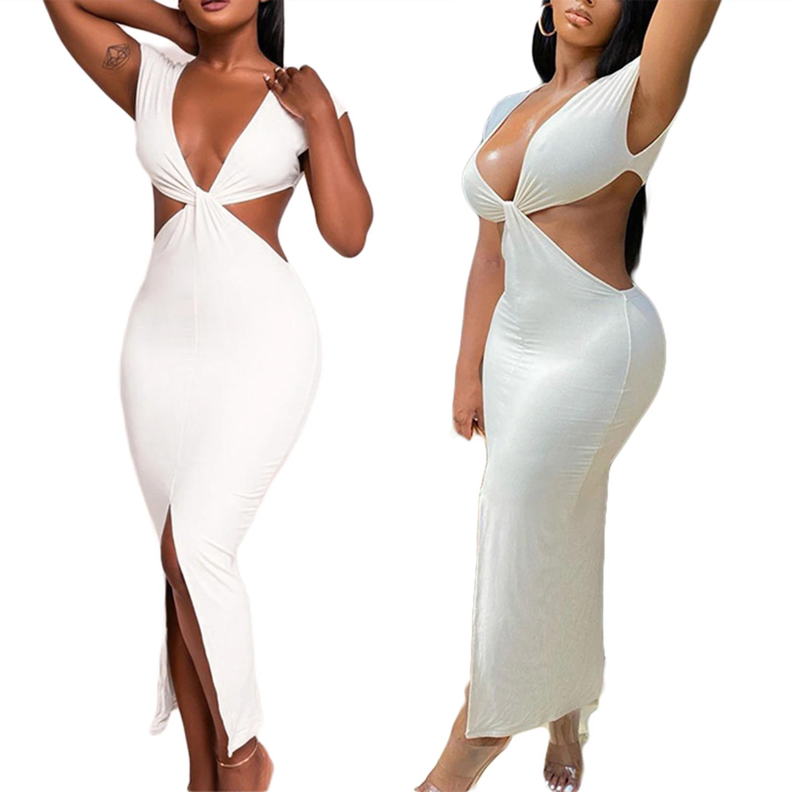 

Women Sexy Sheath Dress, Adults Solid Color V-neck Short Sleeve Slit Cutout Women's Clothing