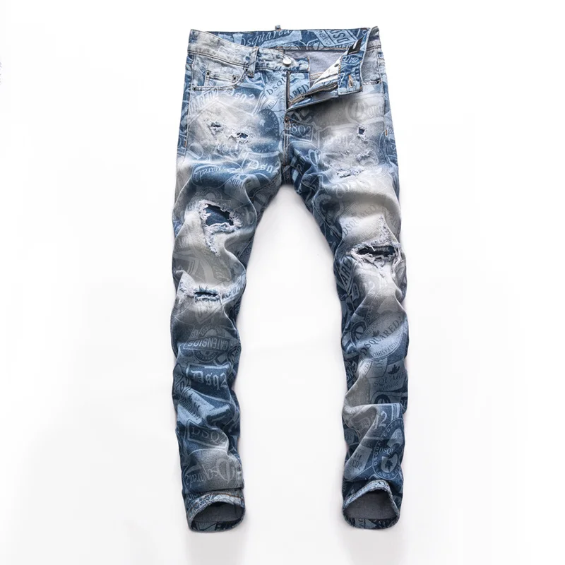 

European dsq brand men Italy jeans pants design Stretch jeans Men Slim jeans denim trousers blue hole Pants jeans for men 8269