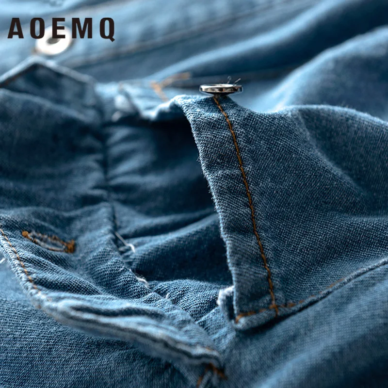 AOMEQ джинсовая синяя рубашка осеннее платье с отложным воротником ТРАПЕЦИЕВИДНОЕ