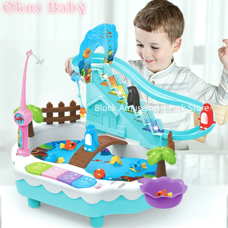 

Brand New Electric magnetic fishing toy 3-6 years old penguin climb stairs music light play interactive educational toys
