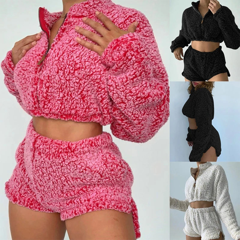 Fashion Women Plush 2 Piece Outfits Zipper Decor Stand Collar Long Sleeve Solid Color Slim Short Tops+Elastic High Waist Shorts