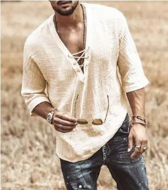 Рубашка Мужская льняная с рукавом до локтя и V-образным вырезом |