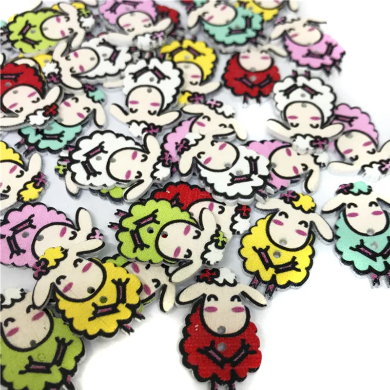 

50pcs Mixed Cartoon Painting Sheep Button 2 Holes Wooden Decorative Buttons for Sewing Cloth Crafts Scrapbooking Accessories