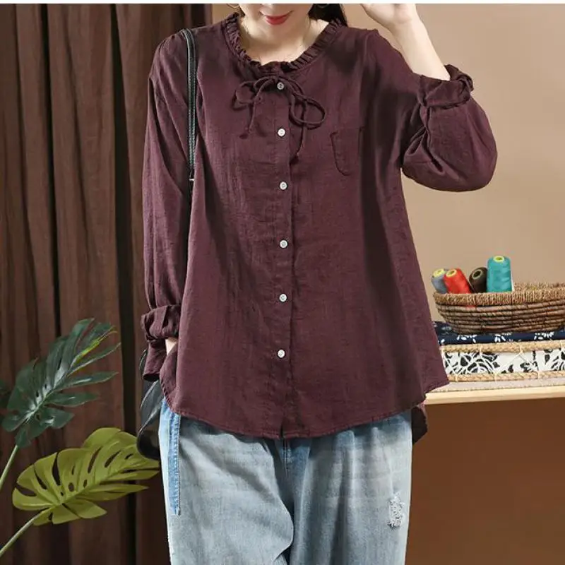 Женская винтажная блузка на пуговицах Johnature однотонная Повседневная рубашка со