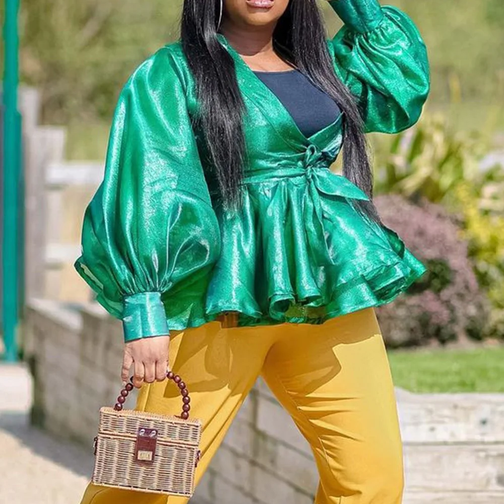 

Vintage Lantern Sleeve Ruffle Blouses Elegant Fashion Women Autumn Blouse Sexy V Neck African Ladies Office Casual Shirts Tops