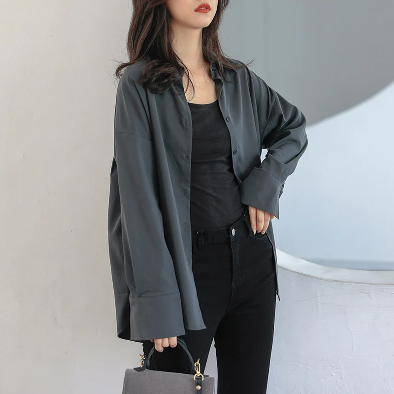 

Retro Gray 2021 Spring Summer New Long Sleeve Notch Collar All-match Blouse Coat Women Loose Casual Fashion Solid Shirts Ladies