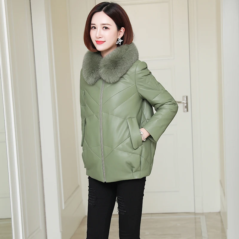 Женская зимняя куртка из натуральной кожи на утином пуху Женское пальто с