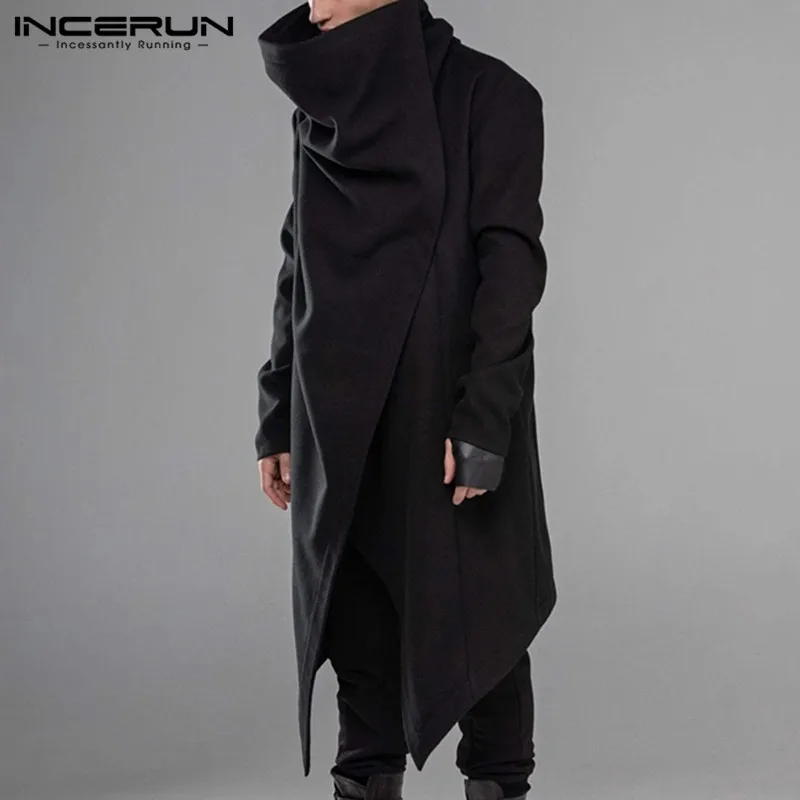 

INCERUN Men Cloak Coats Streetwear Turtleneck Solid Long Sleeve Fashion Men Cape Outerwear Punk Style Irregular Jackets S-5XL