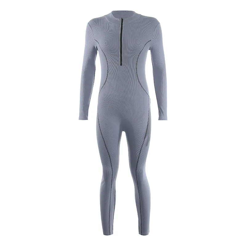 

Knit Ribbed Bodycon Jumpsuit Women Sexy Zipper Turtleneck Pencil Pants Women Jumpsuit Swater Night Clubwear Outfit Overalls