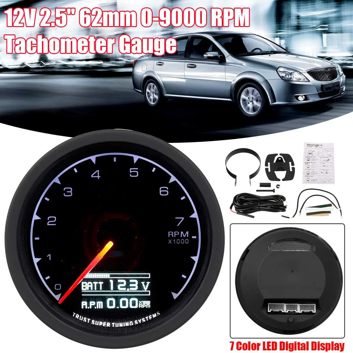 

62mm 2.5" 7 Color Multi D/A LCD Digital Display Tachometer Oil Pressure Water Temp Vacuum Voltage Turbo Boost Gauge With Sensor