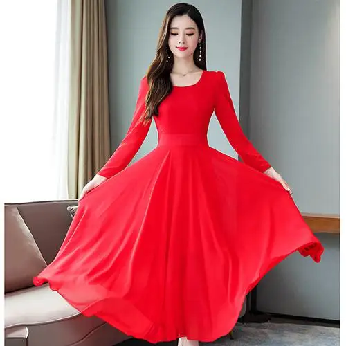 Red Dress Длинное Макси платье осень зима длинный рукав плюс размер шифоновое платье миди винтажное элегантное женское облегающее вечерние платья Vestidos - Цвет: Red Dress