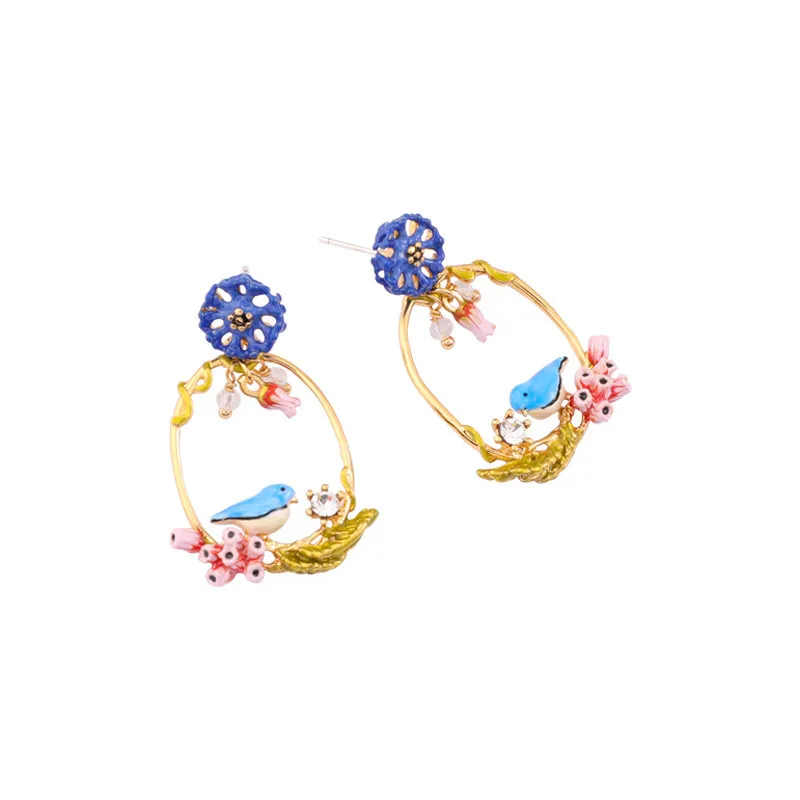

Women's Earrings Creative Enamel Glaze Blue Flower Stud Earrings Cute Animal Bird Stud Earrings Women Wedding Party Ladies Gift