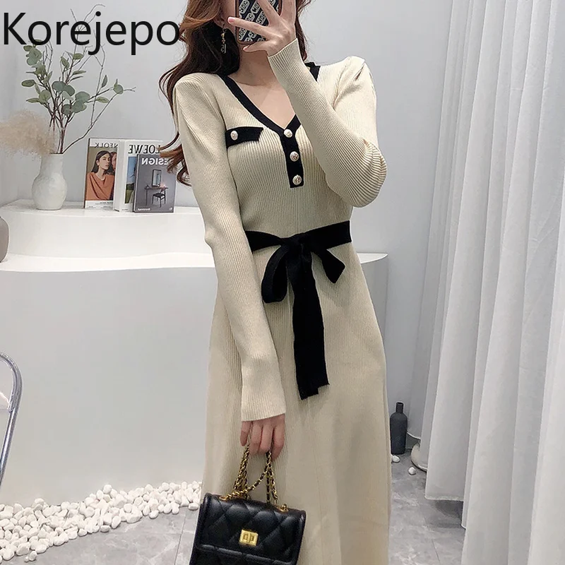 

Korejepo Knit Bottomed Dresses Women Spring and Antumn 2022 New Gentle Contrast Color V-neck Waist Closing Thin Versatile Dress