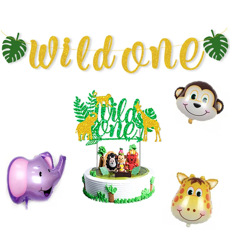 

Jungle theme flag pulling and card inserting baby's first birthday party decoration animal theme banner cake card inserting