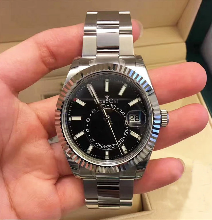 

Classic New Mens Black Automatic Watch Chronometer Dual Time Zone Annual Calendar Stainless Steel Watches Silver Blue AAA+