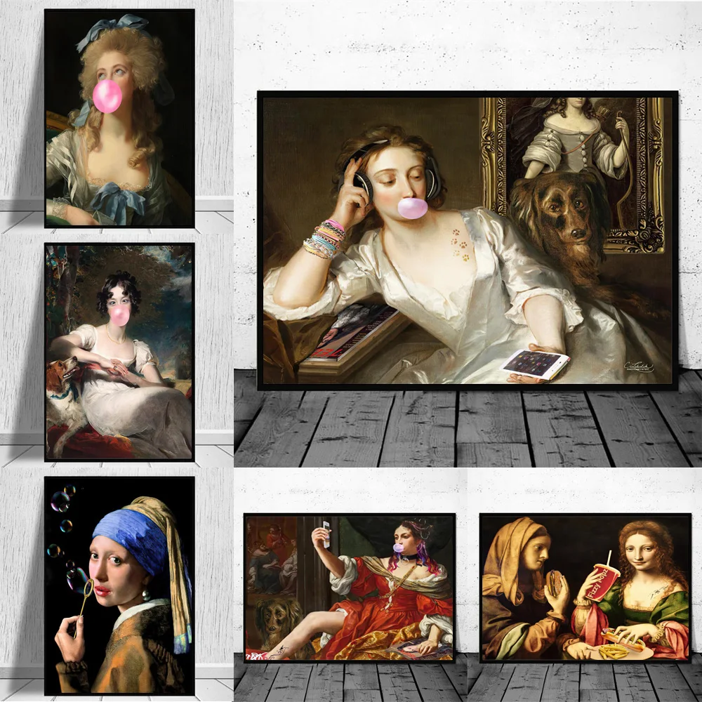 

European Classical Noblewomen Play Phone Funny Wall Art Poster On The Canvas Prints Lady Blow Bubbles Decorative Painting Cuadro