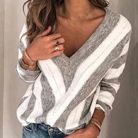2021 winter womens fashion vintage v neck long sleeve striped knitting casual tunic oversized patchwork blouse jumper sweater
