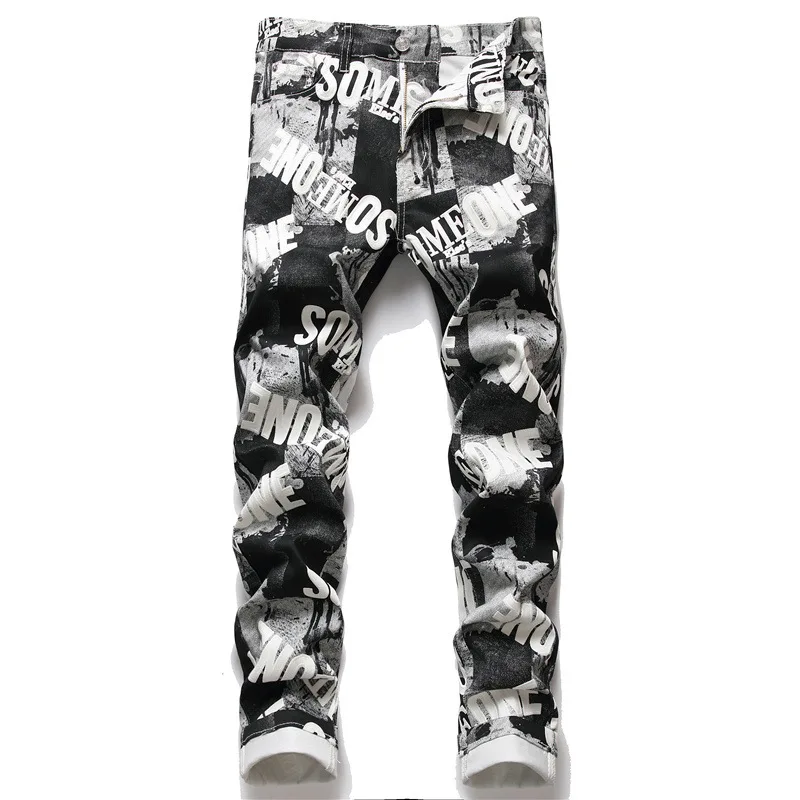 

Men's Large Size Digital Print Slimming Fashion Stretch Joker Small Feet Middle Waist Casual Denim Trousers