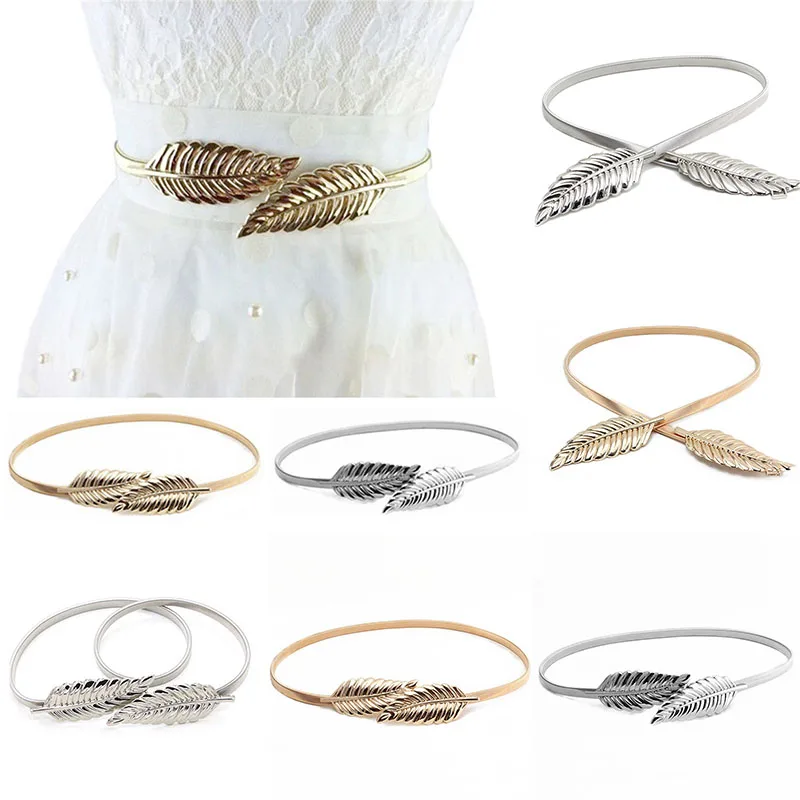 

Womens Skinny Slim Ladies Elastic Waist Band Leaves Gold or Silver Metal Belt